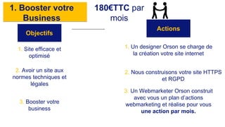1. Booster votre
Business
Objectifs
Actions
180€TTC par
mois
1. Site efficace et
optimisé
1. Un designer Orson se charge de
la création votre site internet
3. Booster votre
business
3. Un Webmarketer Orson construit
avec vous un plan d’actions
webmarketing et réalise pour vous
une action par mois.
2. Avoir un site aux
normes techniques et
légales
2. Nous construisons votre site HTTPS
et RGPD
 