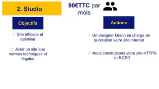 2. Studio
Objectifs Actions
90€TTC par
mois
1. Site efficace et
optimisé
1. Un designer Orson se charge de
la création votre site internet
2. Avoir un site aux
normes techniques et
légales
2. Nous construisons votre site HTTPS
et RGPD
 