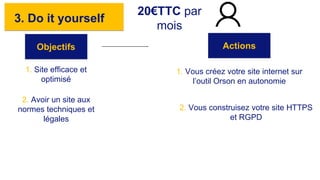 3. Do it yourself
Objectifs Actions
20€TTC par
mois
1. Site efficace et
optimisé
1. Vous créez votre site internet sur
l’outil Orson en autonomie
2. Avoir un site aux
normes techniques et
légales
2. Vous construisez votre site HTTPS
et RGPD
 