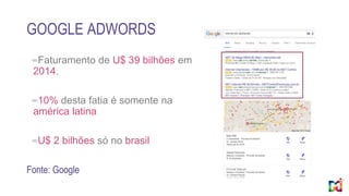GOOGLE ADWORDS
∞Faturamento de U$ 39 bilhões em
2014.
∞10% desta fatia é somente na
américa latina
∞U$ 2 bilhões só no brasil
Fonte: Google
 