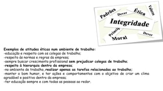 Exemplos de atitudes éticas num ambiente de trabalho:
-educação e respeito com os colegas de trabalho;
-respeito às normas e regras da empresa;
-sempre buscar crescimento profissional sem prejudicar colegas de trabalho;
-respeito à hierarquia dentro da empresa;
-no ambiente de trabalho, realizar apenas as tarefas relacionadas ao trabalho;
-manter o bom humor, e ter ações e comportamentos com o objetivo de criar um clima
agradável e positivo dentro da empresa;
-ter educação sempre e com todas as pessoas ao redor.
 