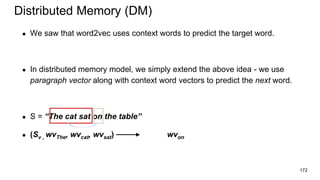 Distributed Memory (DM)
● We saw that word2vec uses context words to predict the target word.
● In distributed memory mode...