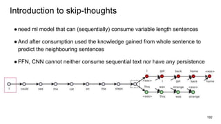 Introduction to skip-thoughts
●need ml model that can (sequentially) consume variable length sentences
●And after consumpt...