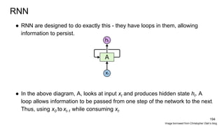 RNN
● RNN are designed to do exactly this - they have loops in them, allowing
information to persist.
● In the above diagr...