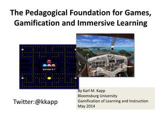 Twitter:@kkapp
By Karl M. Kapp
Bloomsburg University
Gamification of Learning and Instruction
May 2014
The Pedagogical Foundation for Games,
Gamification and Immersive Learning
 