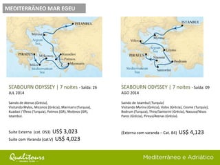 SEABOURN ODYSSEY | 7 noites - Saída: 09
AGO 2014
Saindo de Istambul (Turquia)
Visitando Myrina (Grécia), Volos (Grécia), Cesme (Turquia),
Bodrum (Turquia), Thira/Santorini (Grécia), Naousa/Nisos
Paros (Grécia), Pireus/Atenas (Grécia).
(Externa com varanda – Cat. B4) US$ 4,123
MEDITERRÂNEO MAR EGEU
SEABOURN ODYSSEY | 7 noites - Saída: 26
JUL 2014
Saindo de Atenas (Grécia),
Visitando Mylos, Miconos (Grécia), Marmaris (Turquia),
Kuadasi / Éfeso (Turquia), Patmos (GR), Molyvos (GR),
Istambul.
Suite Externa (cat. OS3) US$ 3,023
Suite com Varanda (cat.V) US$ 4,023
 