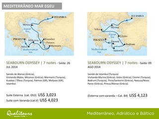 SEABOURN ODYSSEY | 7 noites - Saída: 09
AGO 2014
Saindo de Istambul (Turquia)
Visitando Myrina (Grécia), Volos (Grécia), Cesme (Turquia),
Bodrum (Turquia), Thira/Santorini (Grécia), Naousa/Nisos
Paros (Grécia), Pireus/Atenas (Grécia).
(Externa com varanda – Cat. B4) US$ 4,123
MEDITERRÂNEO MAR EGEU
SEABOURN ODYSSEY | 7 noites - Saída: 26
JUL 2014
Saindo de Atenas (Grécia),
Visitando Mylos, Miconos (Grécia), Marmaris (Turquia),
Kuadasi / Éfeso (Turquia), Patmos (GR), Molyvos (GR),
Istambul.
Suite Externa (cat. OS3) US$ 3,023
Suite com Varanda (cat.V) US$ 4,023
 