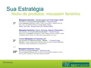 Sua Estratégia 
Nicho de produtos: mocassim feminino 
1º 
3º 
… 
28º 
Hildebrando Trannin Workshop 
 