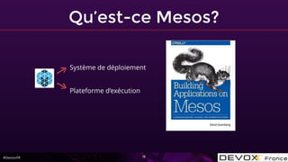 #DevoxxFR
Qu’est-ce Mesos?
15
Système de déploiement
Plateforme d’exécution
 