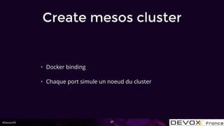 #DevoxxFR
Create mesos cluster
• Docker binding
• Chaque port simule un noeud du cluster
27
 