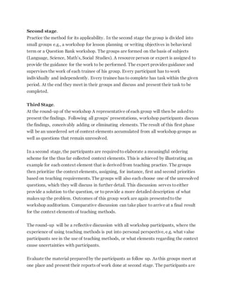 Second stage.
Practice the method for its applicability. In the second stage the group is divided into
small groups e.g., a workshop for lesson planning or writing objectives in behavioral
term or a Question Bank workshop. The groups are formed on the basis of subjects
(Language, Science, Math’s, Social Studies). A resource person or expert is assigned to
provide the guidance for the work to be performed. The expert provides guidance and
supervises the work of each trainee of his group. Every participant has to work
individually and independently. Every trainee has to complete has task within the given
period. At the end they meet in their groups and discuss and present their task to be
completed.
Third Stage.
At the round-up of the workshop A representative of each group will then be asked to
present the findings. Following all groups’ presentations, workshop participants discuss
the findings, conceivably adding or eliminating elements. The result of this first phase
will be an unordered set of context elements accumulated from all workshop groups as
well as questions that remain unresolved.
In a second stage, the participants are required to elaborate a meaningful ordering
scheme for the thus far collected context elements. This is achieved by illustrating an
example for each context element that is derived from teaching practice. The groups
then prioritize the context elements, assigning, for instance, first and second priorities
based on teaching requirements. The groups will also each choose one of the unresolved
questions, which they will discuss in further detail. This discussion serves toeither
provide a solution to the question, or to provide a more detailed description of what
makes up the problem. Outcomes of this group work are again presented to the
workshop auditorium. Comparative discussion can take place to arrive at a final result
for the context elements of teaching methods.
The round-up will be a reflective discussion with all workshop participants, where the
experience of using teaching methods is put into personal perspective, e.g. what value
participants see in the use of teaching methods, or what elements regarding the context
cause uncertainties with participants.
Evaluate the material prepared by the participants as follow up. As this groups meet at
one place and present their reports of work done at second stage. The participants are
 