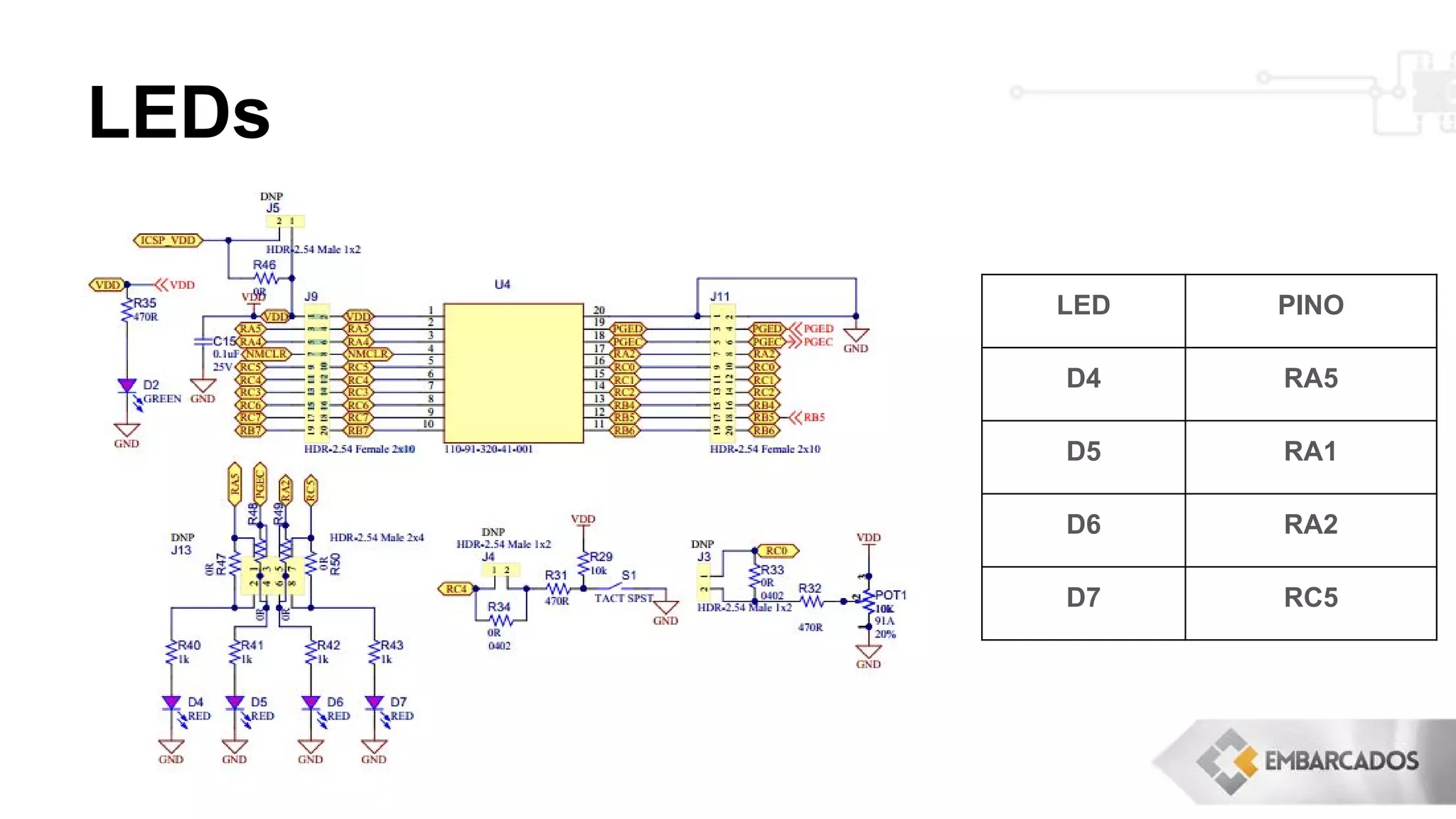 LEDs
LED PINO
D4 RA5
D5 RA1
D6 RA2
D7 RC5
 