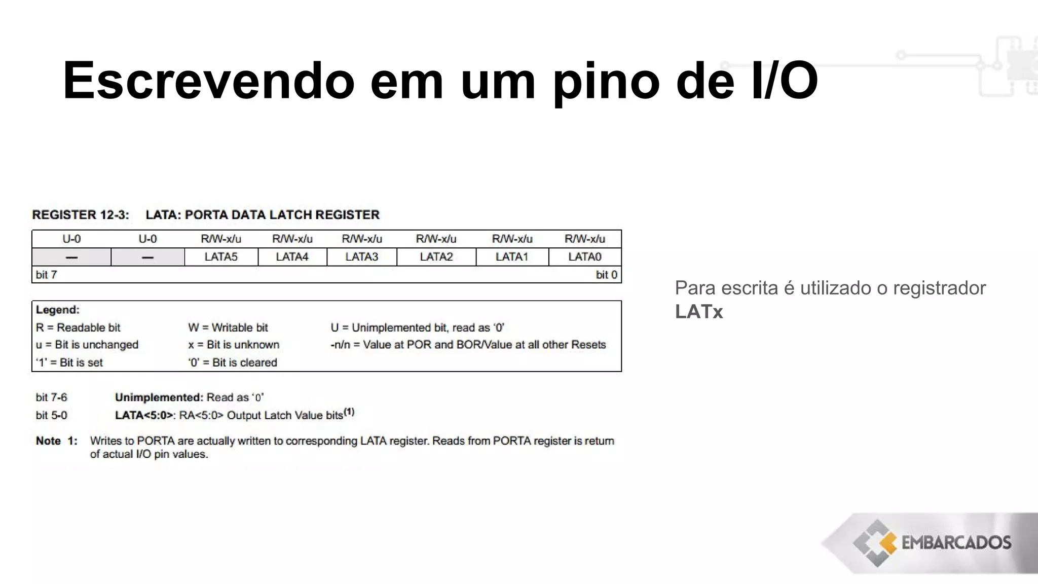 Escrevendo em um pino de I/O
Para escrita é utilizado o registrador
LATx
 