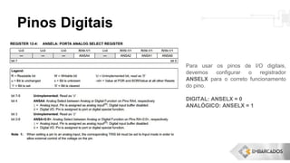 Pinos Digitais
Para usar os pinos de I/O digitais,
devemos configurar o registrador
ANSELX para o correto funcionamento
do pino.
DIGITAL: ANSELX = 0
ANALÓGICO: ANSELX = 1
 