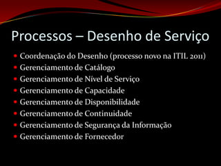 Processos – Desenho de Serviço
 Coordenação do Desenho (processo novo na ITIL 2011)
 Gerenciamento de Catálogo
 Gerenciamento de Nível de Serviço
 Gerenciamento de Capacidade
 Gerenciamento de Disponibilidade
 Gerenciamento de Continuidade
 Gerenciamento de Segurança da Informação
 Gerenciamento de Fornecedor
 