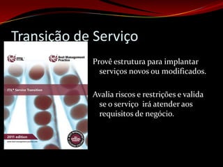 Transição de Serviço
            Provê estrutura para implantar
              serviços novos ou modificados.

            Avalia riscos e restrições e valida
             se o serviço irá atender aos
             requisitos de negócio.
 