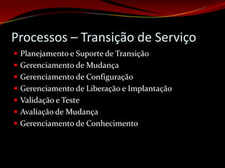 Processos – Transição de Serviço
 Planejamento e Suporte de Transição
 Gerenciamento de Mudança
 Gerenciamento de Configuração
 Gerenciamento de Liberação e Implantação
 Validação e Teste
 Avaliação de Mudança
 Gerenciamento de Conhecimento
 