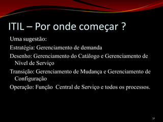 ITIL – Por onde começar ?
Uma sugestão:
Estratégia: Gerenciamento de demanda
Desenho: Gerenciamento do Catálogo e Gerenciamento de
  Nível de Serviço
Transição: Gerenciamento de Mudança e Gerenciamento de
  Configuração
Operação: Função Central de Serviço e todos os processos.




                                                            32
 