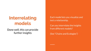 Interrelating
models
Done well, this can provide
further insights
Each model lets you visualize and
test a relationship.
Can you interrelate the insights
from different models?
(See “Chains and Ecologies”)
 