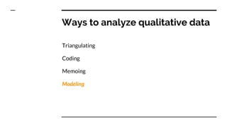 Ways to analyze qualitative data
Triangulating
Coding
Memoing
Modeling
 
