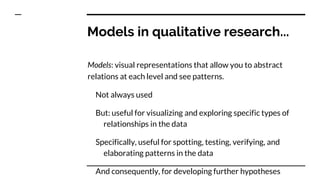 Models in qualitative research...
Models: visual representations that allow you to abstract
relations at each level and see patterns.
Not always used
But: useful for visualizing and exploring specific types of
relationships in the data
Specifically, useful for spotting, testing, verifying, and
elaborating patterns in the data
And consequently, for developing further hypotheses
 