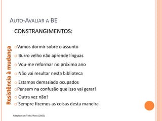 AUTO-AVALIAR A BE
                         CONSTRANGIMENTOS:

                         oVamos dormir sobre o assunto
Resistência à mudança




                         o Burro velho não aprende línguas
                         o Vou-me reformar no próximo ano
                         o Não vai resultar nesta biblioteca
                         o Estamos demasiado ocupados
                         oPensem na confusão que isso vai gerar!
                         o Outra vez não!
                         o Sempre fizemos as coisas desta maneira

                        Adaptado de Todd, Ross (2002)
 