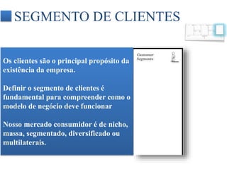 SEGMENTO DE CLIENTES 
Os clientes são o principal propósito da 
existência da empresa. 
Definir o segmento de clientes é 
fundamental para compreender como o 
modelo de negócio deve funcionar 
Nosso mercado consumidor é de nicho, 
massa, segmentado, diversificado ou 
multilaterais. 
 
