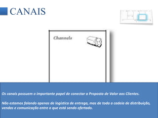 CANAIS 
Os canais possuem o importante papel de conectar a Proposta de Valor aos Clientes. 
Não estamos falando apenas de logística de entrega, mas de toda a cadeia de distribuição, 
vendas e comunicação entre o que está sendo ofertado. 
 