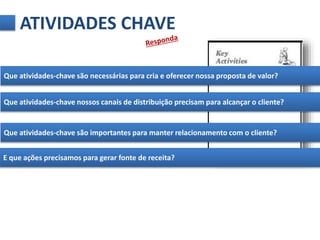 ATIVIDADES CHAVE 
Que atividades-chave são necessárias para cria e oferecer nossa proposta de valor? 
Que atividades-chave nossos canais de distribuição precisam para alcançar o cliente? 
Que atividades-chave são importantes para manter relacionamento com o cliente? 
E que ações precisamos para gerar fonte de receita? 
 