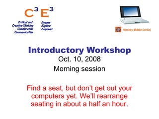 Introductory Workshop Oct. 10, 2008 Morning session Find a seat, but don’t get out your computers yet. We’ll rearrange seating in about a half an hour. 