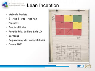 Lean Inception
• Visão do Produto
• É - Não é - Faz - Não Faz
• Personas
• Funcionalidades
• Revisão Téc., de Neg. & de UX
• Jornadas
• Sequenciador de Funcionalidades
• Canvas MVP
 