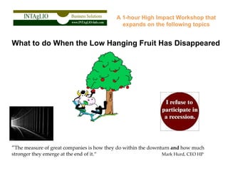 A 1-hour High Impact Workshop that expands on the following topics What to do When the Low Hanging Fruit Has Disappeared “ The measure of great companies is how they do within the downturn  and  how much stronger they emerge at the end of it.“  Mark Hurd, CEO HP  