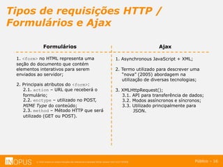 © 2016 Inopus ou Inopus Soluções são referencias a empresa Michel Zarzour Filho 41217787828.
Tipos de requisições HTTP /
Formulários e Ajax
Público – 16
Formulários Ajax
1. <form> no HTML representa uma
seção do documento que contém
elementos interativos para serem
enviados ao servidor;
2. Principais atributos do <form>:
2.1. action – URL que receberá o
formulário;
2.2. enctype – utilizado no POST,
MIME Type do conteúdo;
2.3. method – Método HTTP que será
utilizado (GET ou POST).
1. Asynchronous JavaScript + XML;
2. Termo utilizado para descrever uma
“nova” (2005) abordagem na
utilização de diversas tecnologias;
3. XMLHttpRequest();
3.1. API para transferência de dados;
3.2. Modos assíncronos e síncronos;
3.3. Utilizado principalmente para
JSON.
 