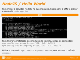 © 2016 Inopus ou Inopus Soluções são referencias a empresa Michel Zarzour Filho 41217787828.
NodeJS / Hello World
Público – 29
Para iniciar o servidor NodeJS na sua máquina, basta abrir o CMD e digitar
o comando node app.js.
CMD
Utilize o comando npm install express --save para instalar o módulo
express.
Para liberar a instalação dos módulos do NodeJS, utilize os comandos:
npm config set proxy http://172.16.0.10:3128
npm config set http-proxy http://172.16.0.10:3128
 