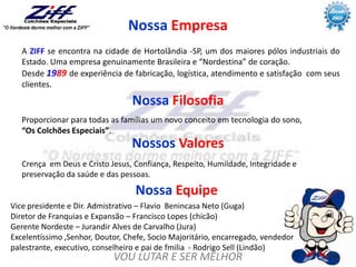 VOU LUTAR E SER MELHOR
A ZIFF se encontra na cidade de Hortolândia -SP, um dos maiores pólos industriais do
Estado. Uma empresa genuinamente Brasileira e “Nordestina” de coração.
Desde 1989 de experiência de fabricação, logística, atendimento e satisfação com seus
clientes.
Nossa Filosofia
Proporcionar para todas as famílias um novo conceito em tecnologia do sono,
“Os Colchões Especiais”.
Nossa Empresa
Nossos Valores
Crença em Deus e Cristo Jesus, Confiança, Respeito, Humildade, Integridade e
preservação da saúde e das pessoas.
Nossa Equipe
Vice presidente e Dir. Admistrativo – Flavio Benincasa Neto (Guga)
Diretor de Franquias e Expansão – Francisco Lopes (chicão)
Gerente Nordeste – Jurandir Alves de Carvalho (Jura)
Excelentíssimo ,Senhor, Doutor, Chefe, Socio Majoritário, encarregado, vendedor
palestrante, executivo, conselheiro e pai de fmilia - Rodrigo Sell (Lindão)
 