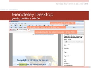 Extras do Mendeley
Mendeley Desktop
gestão, partilha e edição
55
Biblioteca da Universidade de Aveiro - 2015
 