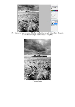 Now change the opacity on the slider bar to adjust the strength of the affect. Once this
                is done flatten the layer and the image is complete.




                                    Finished Image
 