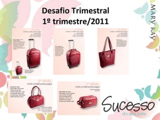 Vias de GanhosNa Mary Kay existem 3 vias de ganhos:	• Venda de produtos - 5 maneiras de vender (No Rosto, No Caminho, Na Linha, No Papel e No Show)	• Construção de um time - compartilhar a oportunidade com outras pessoas	• Liderança - Subir os degraus da Carreira até      tornar-se Diretora de Vendas Independente