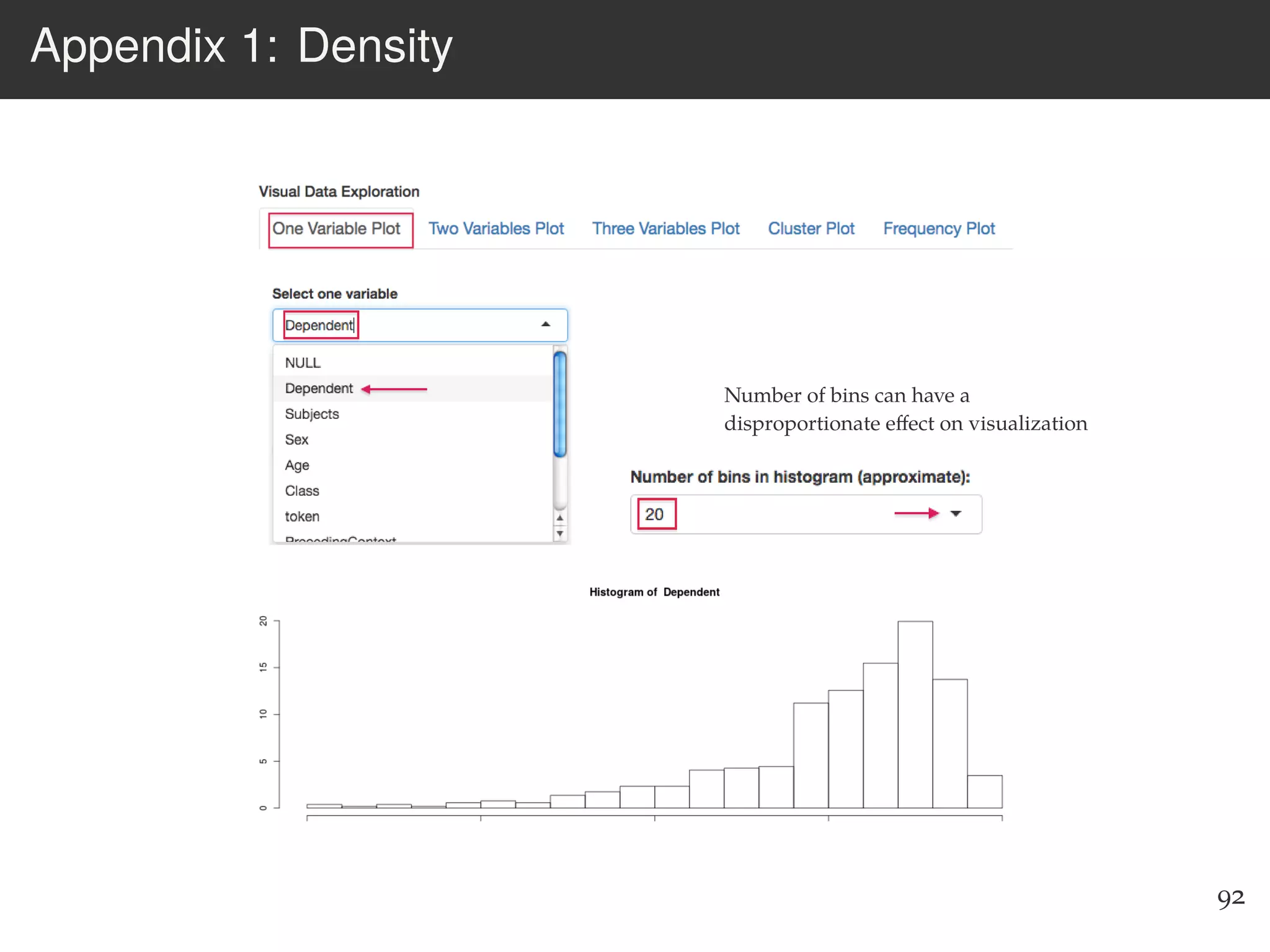 Appendix 1: Density
92
Number of bins can have a
disproportionate eﬀect on visualization
 