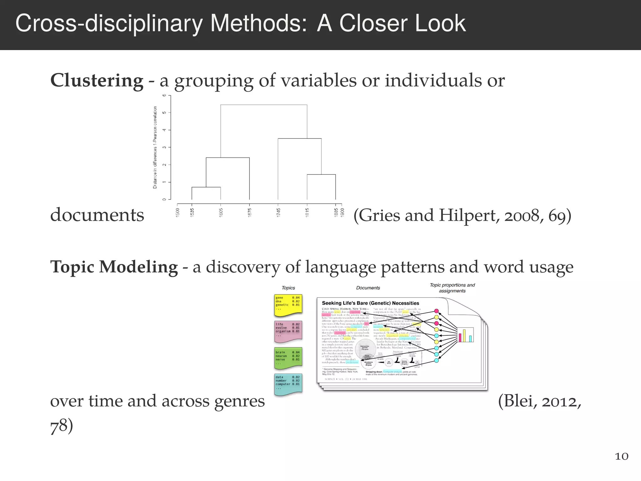 Cross-disciplinary Methods: A Closer Look
Clustering - a grouping of variables or individuals or
documents (Gries and Hilpert, 2008, 69)
Topic Modeling - a discovery of language patterns and word usage
over time and across genres (Blei, 2012,
78)
10
 