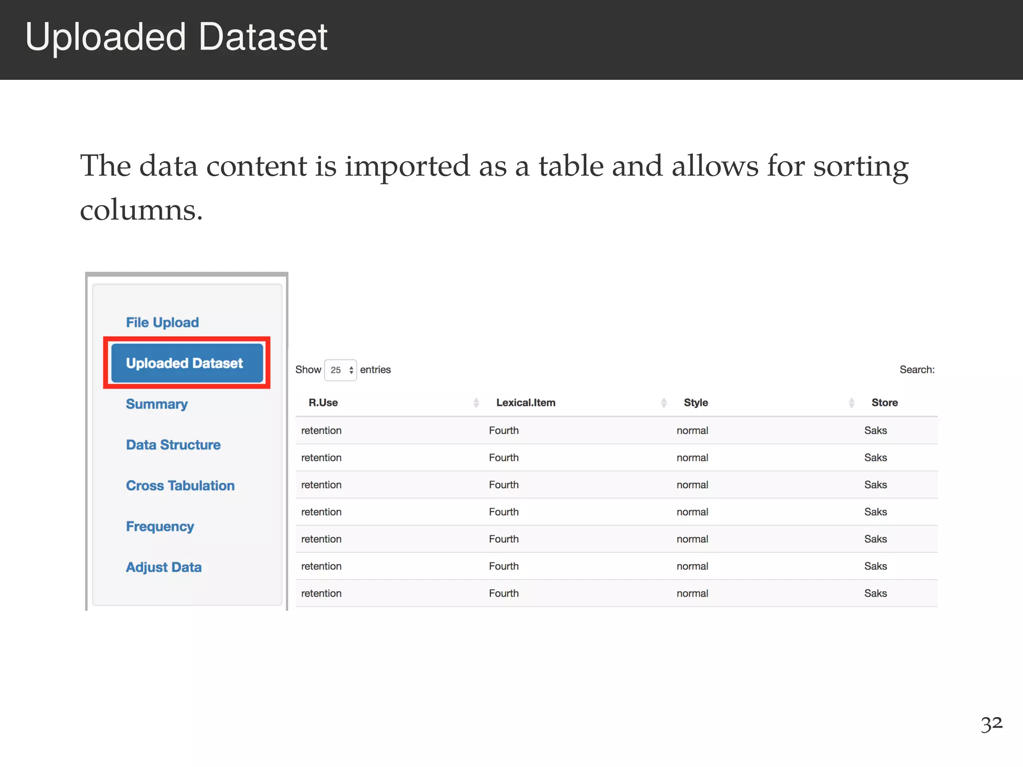 Uploaded Dataset
The data content is imported as a table and allows for sorting
columns.
32
 