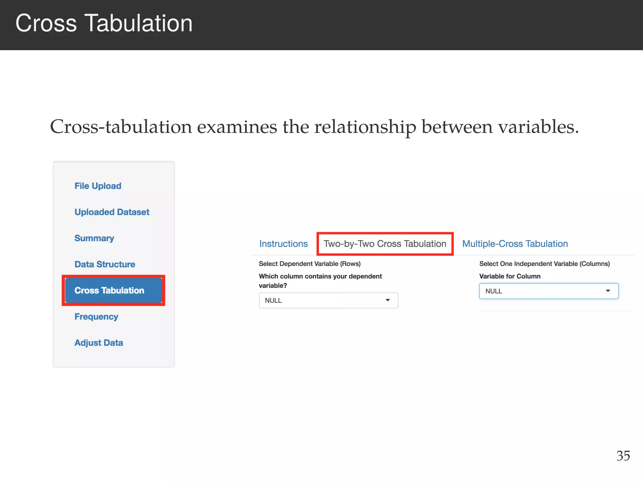 Cross Tabulation
Cross-tabulation examines the relationship between variables.
35
 