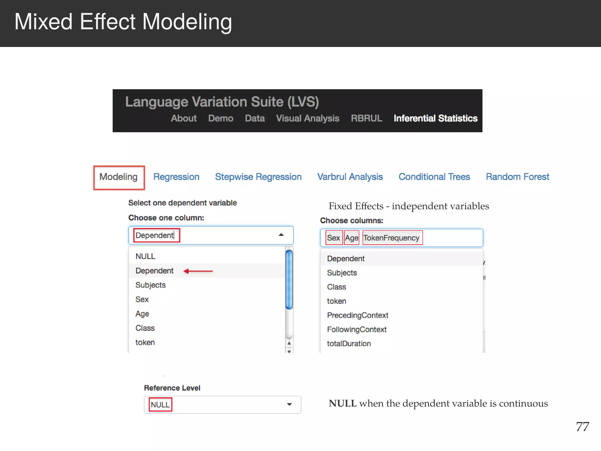 Mixed Eﬀect Modeling
77
NULL when the dependent variable is continuous
Fixed Eﬀects - independent variables
 