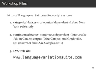 Workshop Files
https://languagevariationsuite.wordpress.com/
1. categoricaldata.csv: categorical dependent - Labov New
York 1966 study
2. continuousdata.csv: continuous dependent - Intervocalic
/d/ in Caracas corpus (Díaz-Campos and Gradoville,
2011; Scrivner and Díaz-Campos, 2016)
3. LVS web site:
www.languagevariationsuite.com
25
 