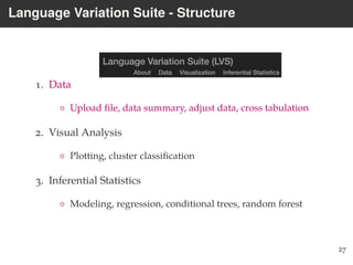 Language Variation Suite - Structure
1. Data
◦ Upload ﬁle, data summary, adjust data, cross tabulation
2. Visual Analysis
◦ Plotting, cluster classiﬁcation
3. Inferential Statistics
◦ Modeling, regression, conditional trees, random forest
27
 