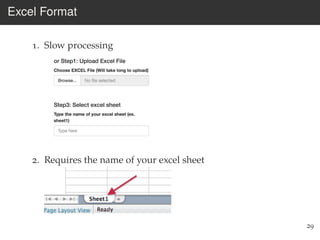 Excel Format
1. Slow processing
2. Requires the name of your excel sheet
29
 
