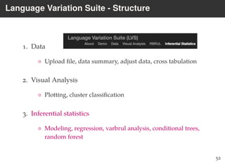 Language Variation Suite - Structure
1. Data
◦ Upload ﬁle, data summary, adjust data, cross tabulation
2. Visual Analysis
◦ Plotting, cluster classiﬁcation
3. Inferential statistics
◦ Modeling, regression, varbrul analysis, conditional trees,
random forest
52
 