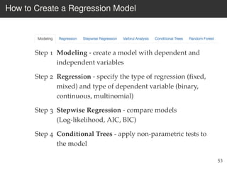 How to Create a Regression Model
Step 1 Modeling - create a model with dependent and
independent variables
Step 2 Regression - specify the type of regression (ﬁxed,
mixed) and type of dependent variable (binary,
continuous, multinomial)
Step 3 Stepwise Regression - compare models
(Log-likelihood, AIC, BIC)
Step 4 Conditional Trees - apply non-parametric tests to
the model
53
 