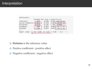 Interpretation
Deletion is the reference value
Positive coeﬃcient - positive eﬀect
Negative coeﬃcient - negative eﬀect
58
 