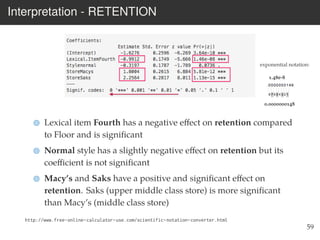 Interpretation - RETENTION
Lexical item Fourth has a negative eﬀect on retention compared
to Floor and is signiﬁcant
Normal style has a slightly negative eﬀect on retention but its
coeﬃcient is not signiﬁcant
Macy’s and Saks have a positive and signiﬁcant eﬀect on
retention. Saks (upper middle class store) is more signiﬁcant
than Macy’s (middle class store)
http://www.free-online-calculator-use.com/scientific-notation-converter.html
59
exponential notation:
1.48e-8
0.0000000148
 